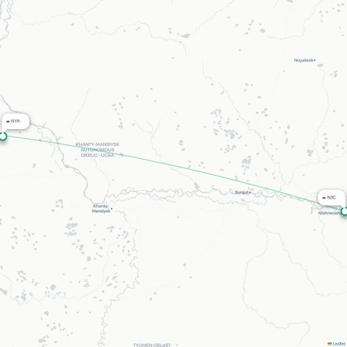 Mapa de vuelo directo Nizhnevártovsk - Nyagan’