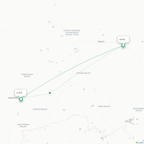 Mapa de vuelo directo Nizhnevártovsk - Ekaterinburgo