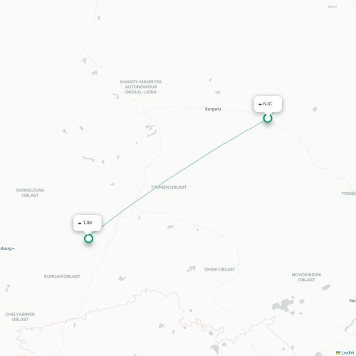 Mapa de vuelo directo Nizhnevártovsk - Tyumen