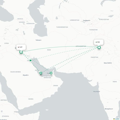Mapa de vuelo directo Nayaf - Islamabad
