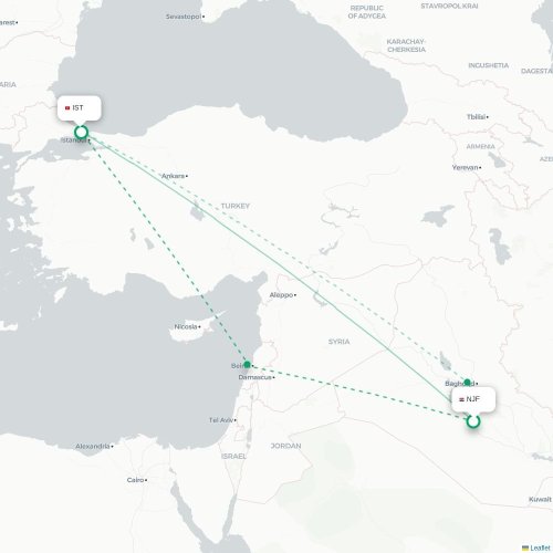 Mapa de vuelo directo Nayaf - Estambul