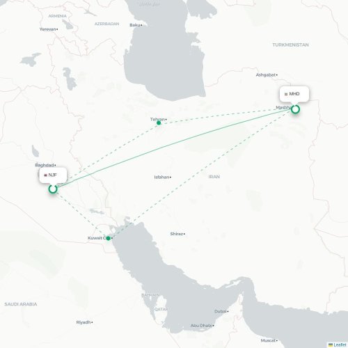 Mapa de vuelo directo Nayaf - Mashhad