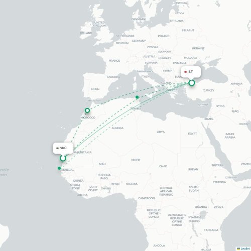 Mapa de vuelo directo Nuakchott - Estambul