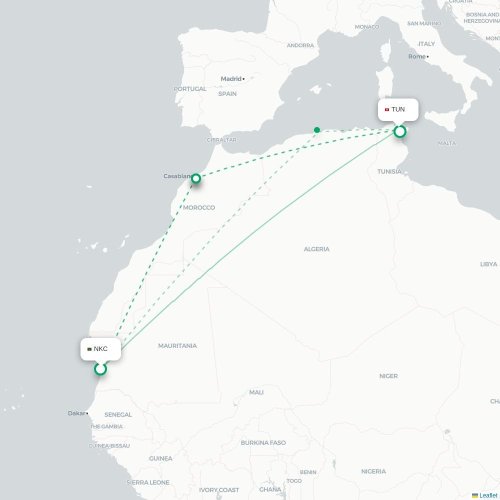 Nouakchott - Tunis karta över direktflyg