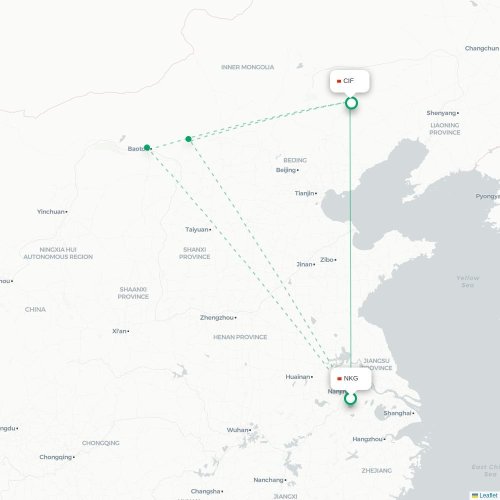 Mapa de vuelo directo Nankín - Chifeng