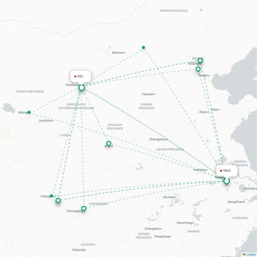 Mapa de vuelo directo Nankín - Yinchuan