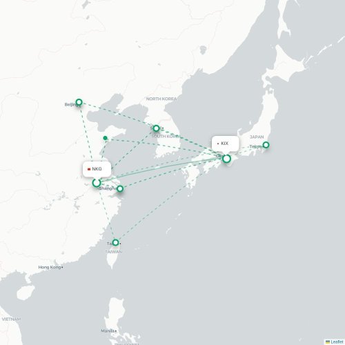 Mapa lotu bezpośredniego Nankin – Osaka