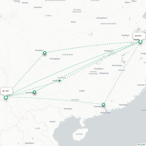 Mapa lotu bezpośredniego Nankin – Dehong