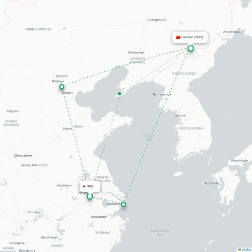 Mapa lotu bezpośredniego Nankin – Baishan