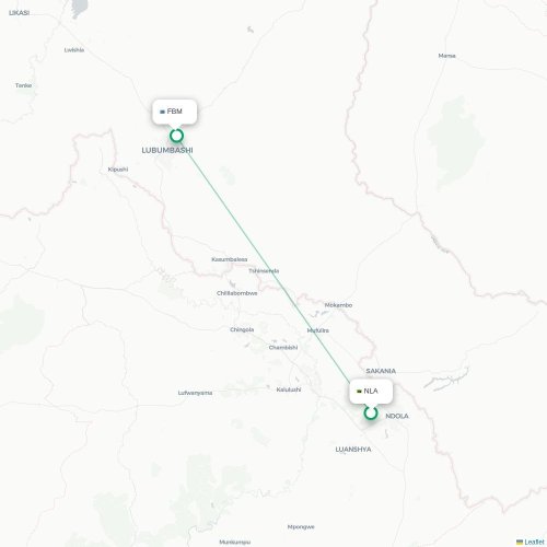 Mapa lotu bezpośredniego Ndola – Lubumbashi