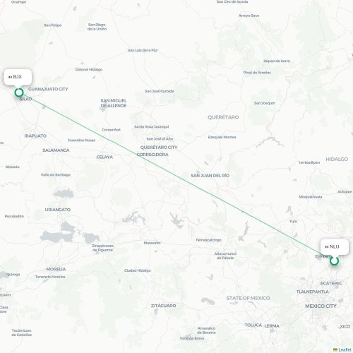 Mapa lotu bezpośredniego Meksyk – León