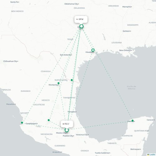 Mapa de vuelo directo Ciudad de México, D.F. - Dallas