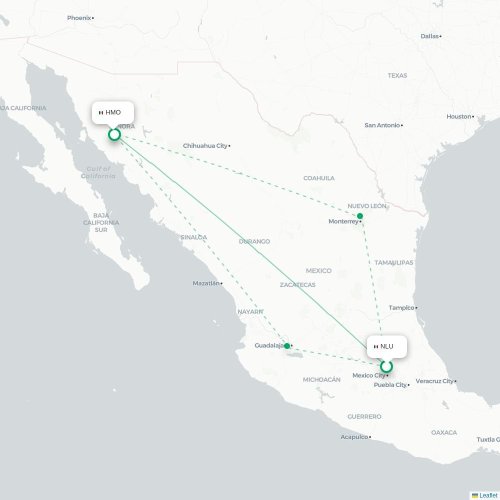 Mapa de vuelo directo Ciudad de México, D.F. - Hermosillo