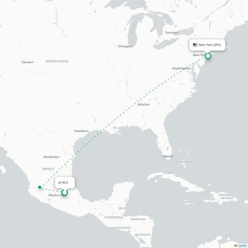 Mapa de vuelo directo Ciudad de México, D.F. - Nueva York