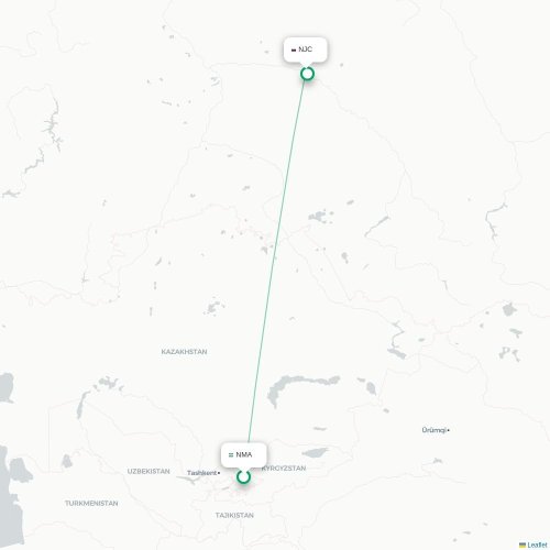 Mapa de vuelo directo Namangán - Nizhnevártovsk