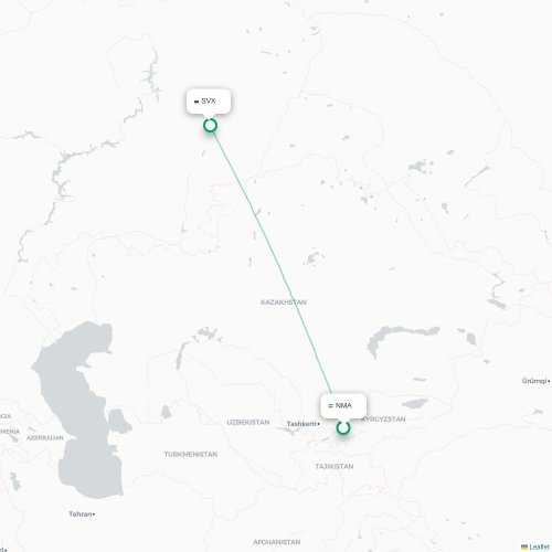 Mapa de vuelo directo Namangán - Ekaterinburgo