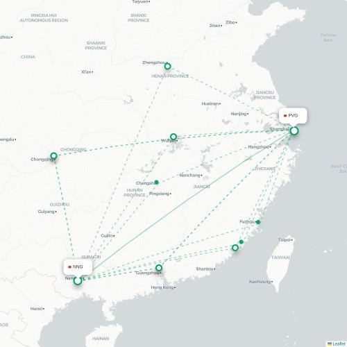 Mapa lotu bezpośredniego Nanning – Szanghaj