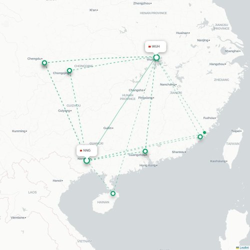 Mapa lotu bezpośredniego Nanning – Wuhan
