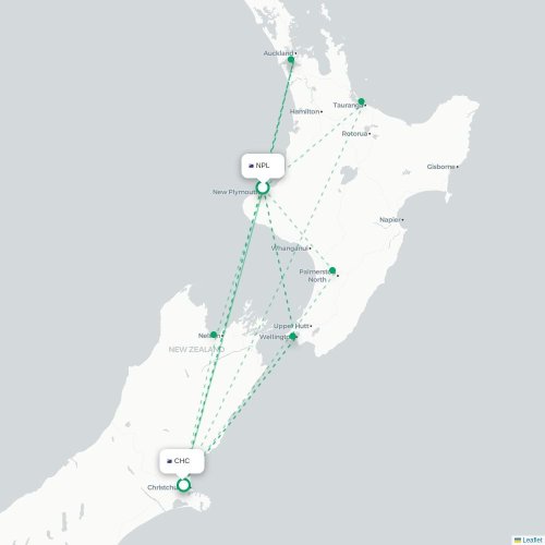 New Plymouth - Christchurch kort over direkte fly