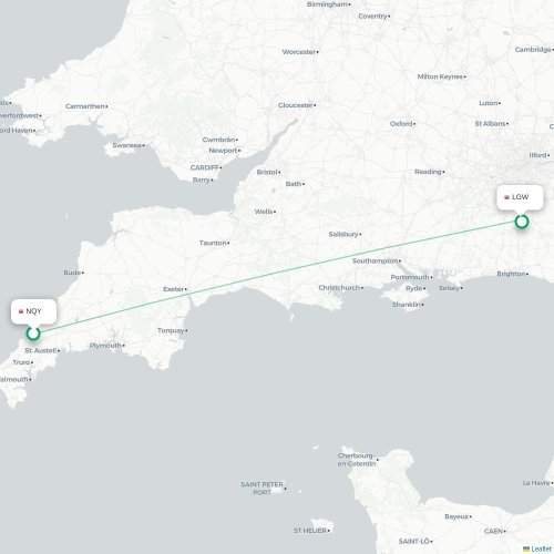 Mapa de vuelo directo Newquay - Londres