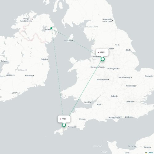 Mapa de vuelo directo Newquay - Mánchester