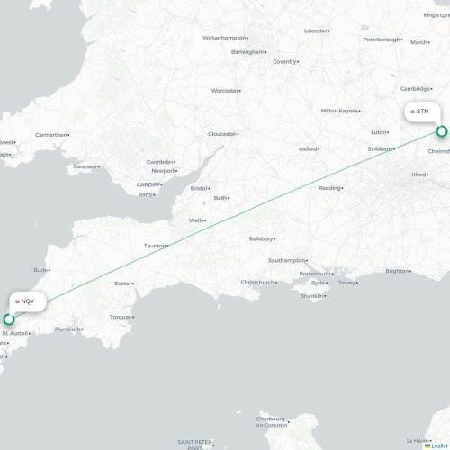 Mapa de vuelo directo Newquay - Londres