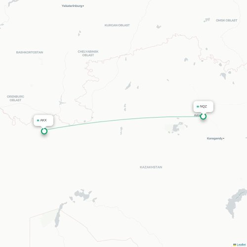Mapa de vuelo directo Astana - Aktobe