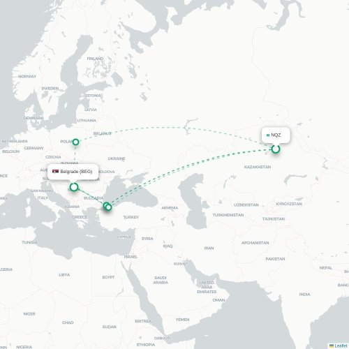 Mapa de vuelo directo Astana - Belgrado