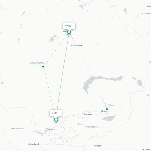Mapa de vuelo directo Astana - Shymkent