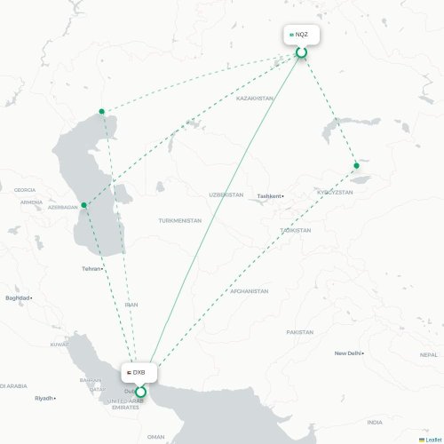 Mapa de vuelo directo Astana - Dubái