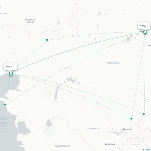 Mapa de vuelo directo Astana - Atyrau