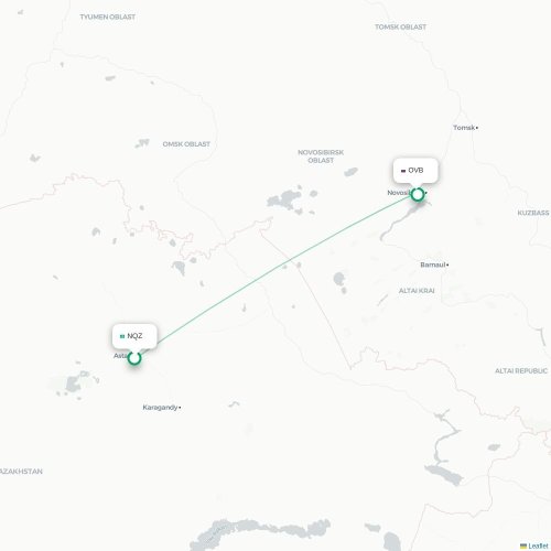 Mapa de vuelo directo Astana - Novosibirsk