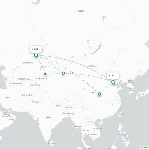 Tselinograd - Peking karta över direktflyg
