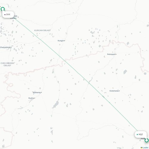 Mapa de vuelo directo Astana - Ekaterinburgo
