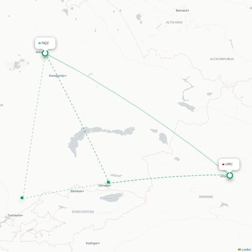 Tselinograd - Urumqi karta över direktflyg