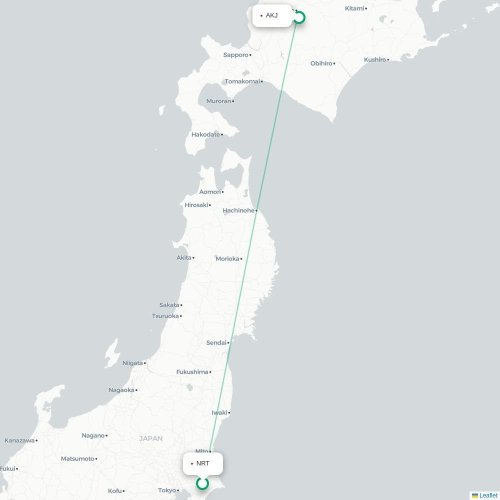 Mapa lotu bezpośredniego Tokio – Asahikawa