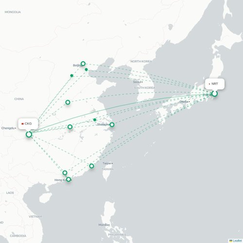 Mapa lotu bezpośredniego Tokio – Chongqing