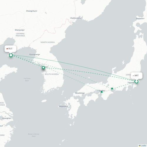 Mapa lotu bezpośredniego Tokio – Dalian