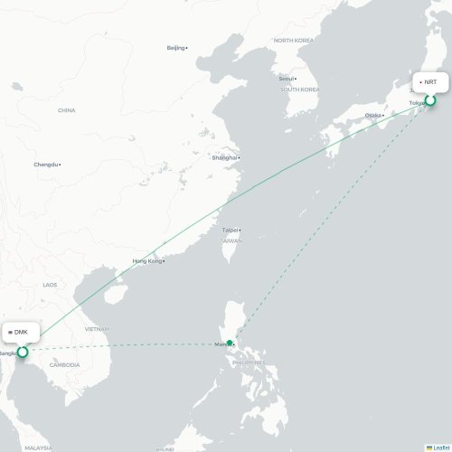 Mapa lotu bezpośredniego Tokio – Bangkok