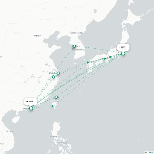 Mapa lotu bezpośredniego Tokio – Hongkong