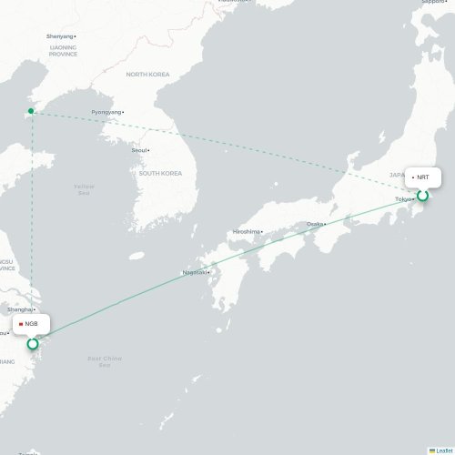 Mapa lotu bezpośredniego Tokio – Ningbo