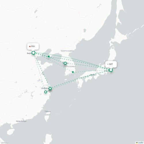 Mapa lotu bezpośredniego Tokio – Pekin