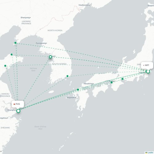 Mapa lotu bezpośredniego Tokio – Szanghaj