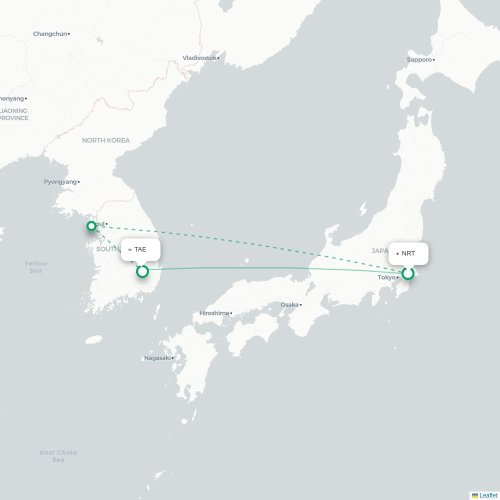 Mapa lotu bezpośredniego Tokio – Taegu