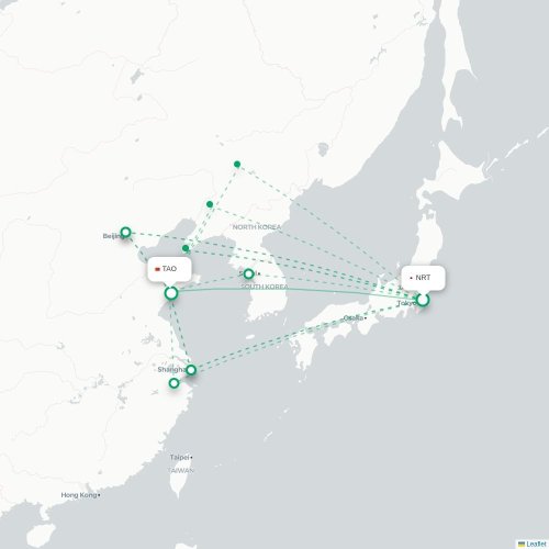 Mapa lotu bezpośredniego Tokio – Qingdao