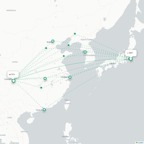 Mapa lotu bezpośredniego Tokio – Chengdu