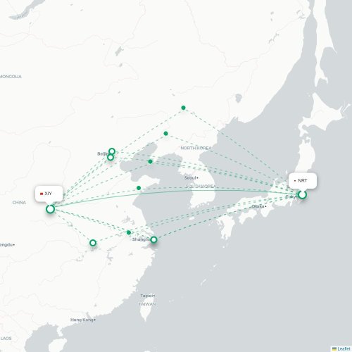 Mapa lotu bezpośredniego Tokio – Xi'an