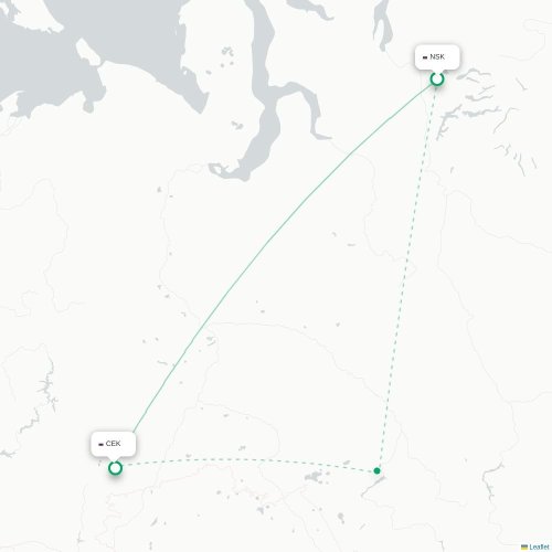 Mapa de vuelo directo Noril'sk - Cheliábinsk