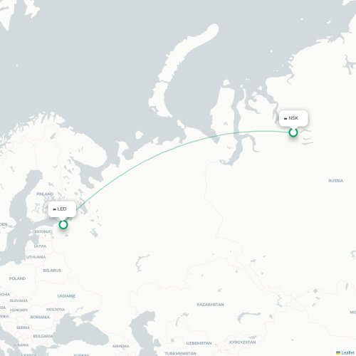 Mapa de vuelo directo Noril'sk - San Petersburgo