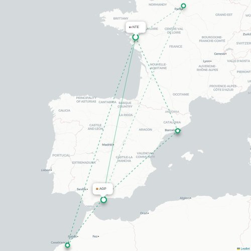 Mapa de vuelo directo Nantes - Málaga